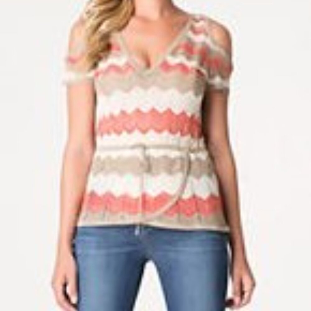 Bebe Metallic Cold Shoulder Top with Tie Waist Size Medium